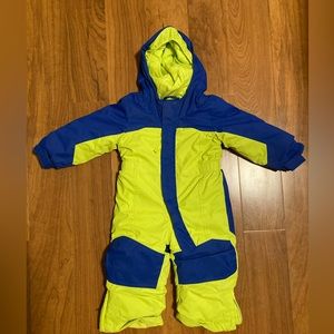 LL Bean infant child snowsuit 12-18mo yellow blue grow cuffs